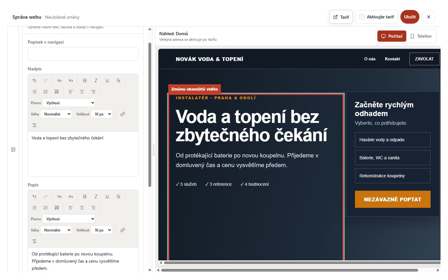 Editor webu v Remeslii s otevřenou úpravou textu vlevo a zvýrazněnou změnou v náhledu vpravo.