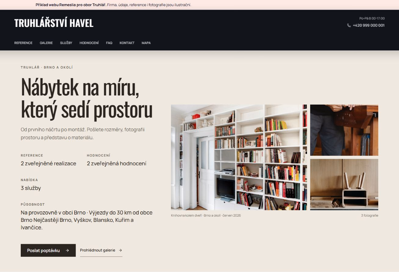 Ukázkový web truhlářství s nabídkou a fotografiemi hotové práce.